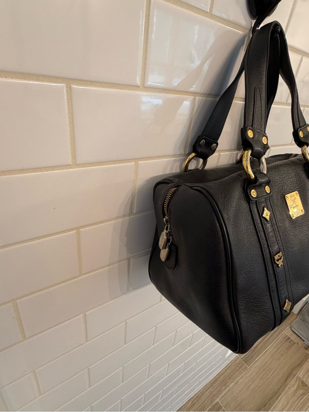 MCM Black Leather Satchel with Gold Plaque and Hardware - Picture 4 of 7